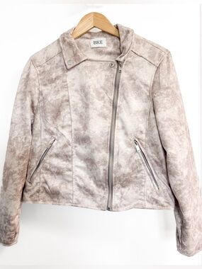 BKE Cropped Moto Jacket Est. Size LG Faux Suede Light Fawn Pink Tone Spring